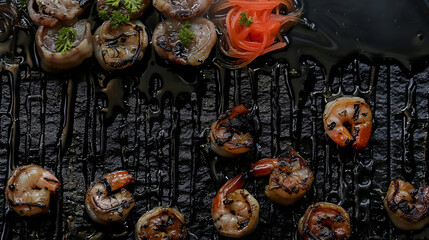 Grilled shrimps and mussels on black grill, closeup