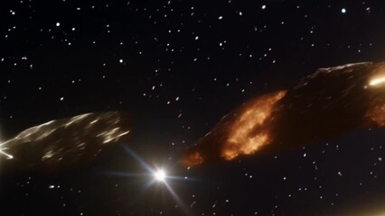 Wall Mural - a horizontal video clip of a cosmic scene showing two comets or asteroids colliding near a bright st