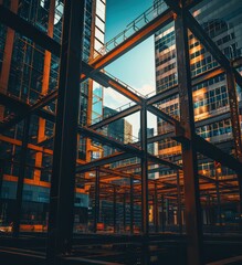 Wall Mural - buildings under construction at sunset, with a sky full of clouds
