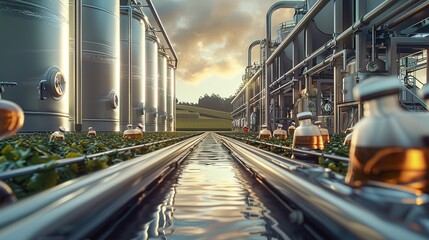 Fototapete - A precision fermentation plant with large vats and automated agricultural. Generative AI.