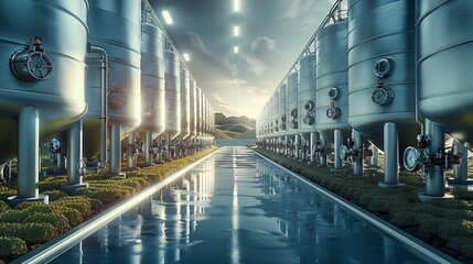 Fototapete - A precision fermentation plant with large vats and automated agricultural. Generative AI.