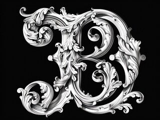 B letter, baroque sculptures scroll, black background