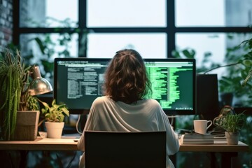 rear view of female computer hacker coding at desk in creative office