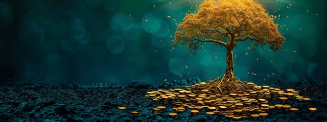 Wall Mural - Green Investment Tree: A tree with roots growing into stacks of coins and branches reaching out as financial assets.