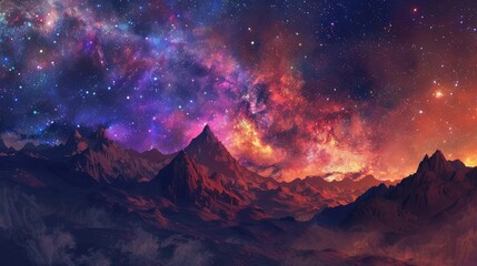 Wall Mural - The Milky Way shining above a mountain range adorned with purple flowers. A breathtaking night sky scene.