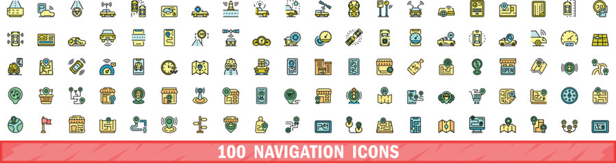Poster - 100 navigation icons set. Color line set of navigation vector icons thin line color flat on white