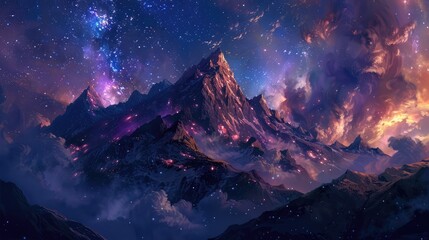 Wall Mural - Milky Way Galaxy. Purple night sky stars above mountains