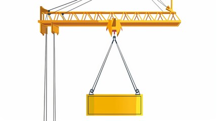 Wall Mural - A yellow warning sign indicating a lowering crane on a winch, featuring blank space for text, presented as a vector illustration of a construction sign isolated on a white background.