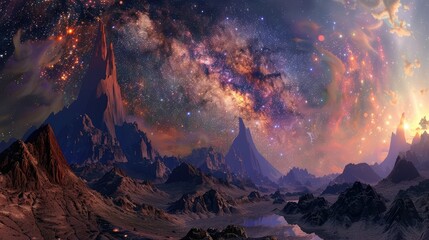 Wall Mural - Stunning winter night scene featuring the Milky Way galaxy shining above snow-capped mountains,