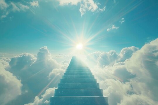 Stairway That Leads To Heaven In A Blue Sky With The Sun Shining Through The Clouds