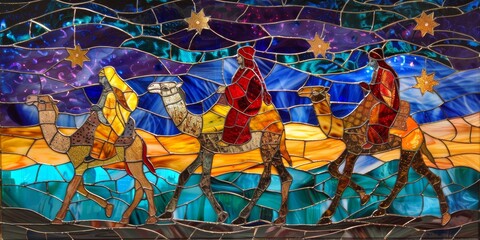 Stained Glass Art Of Three Wise Men On Camels Following The Star of Bethlehem Night Sky Behind Them