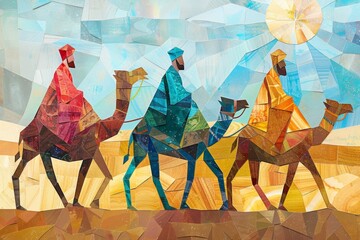 Wall Mural - Geometric Art Of the Three Wise Men On Camels Following The Star of Bethlehem Night Sky Behind Them
