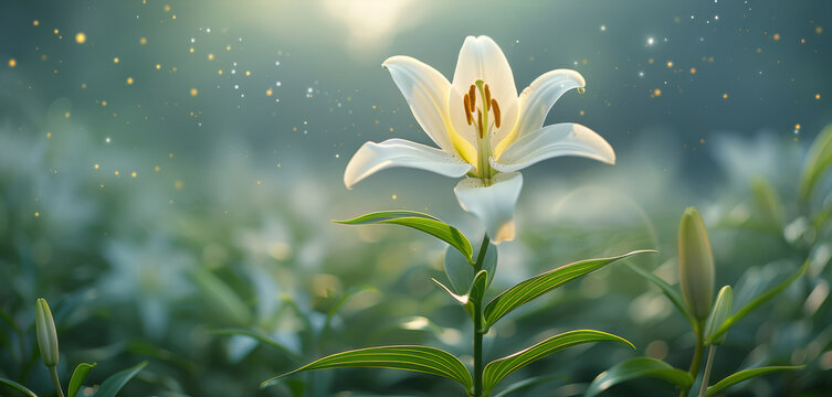 A single white lily, elegantly trembling in an enchanted garden, ethereal glow illuminating the petals. Generative AI.