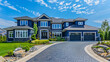 © Aliya - Sophisticated suburban home with a sapphire exterior, featuring a large driveway and meticulously designed landscaping. Full front view on a sunny summer day.'
