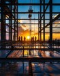 © XTSTUDIO - construction site at sunrise, team of workers building a large modern structure