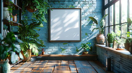 Interior of modern living room with blue brick wall, wooden floor, green plants and mock up photo Frame frame. 3d rendering