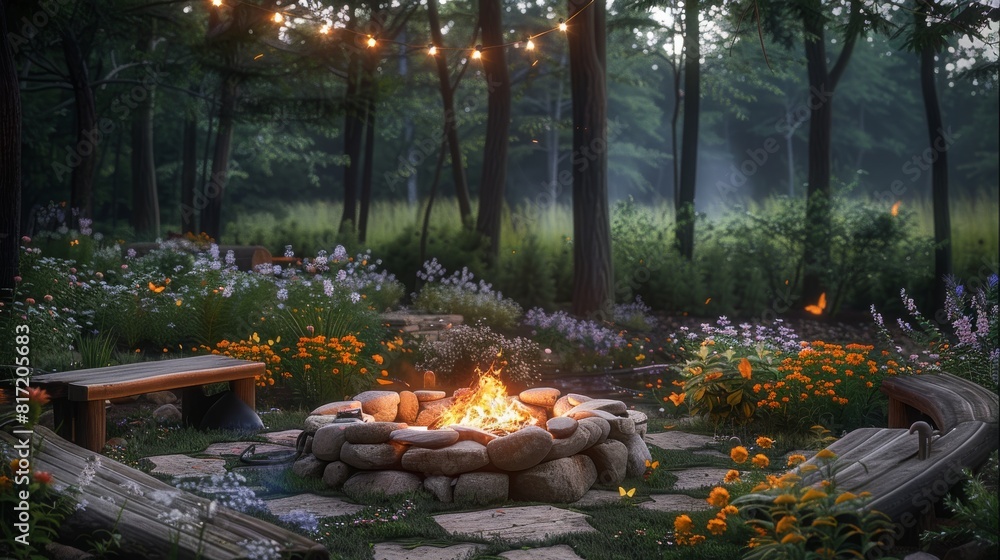 Rustic elegance fire pit garden at twilight, surrounded by wildflowers ...