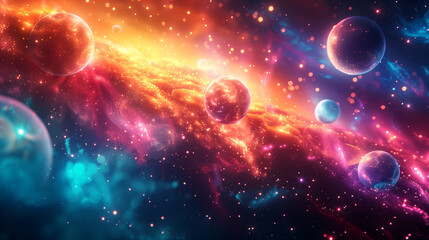 Wall Mural - colorful planets and stars in space, with glowing particles, vibrant colors, and an ethereal background