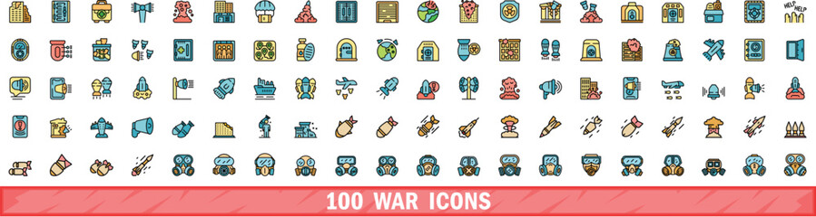 Wall Mural - 100 war icons set. Color line set of war vector icons thin line color flat on white
