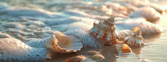 Wall Mural - A calming, seashore background with gentle waves and seashells.