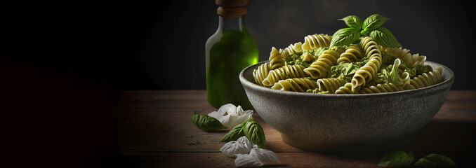 Wall Mural - Tagliatelle pasta with pesto and basil leaves in a bowl, dark background. AI generated.