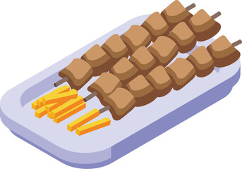 Sticker - Digital isometric design of grilled kebabs and french fries on a platter, perfect for foodrelated graphics