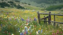 A Tranquil Meadow Blanketed In A Carpet Of Wildflowers, With A Rustic Wooden Fence Winding Through The Landscape.