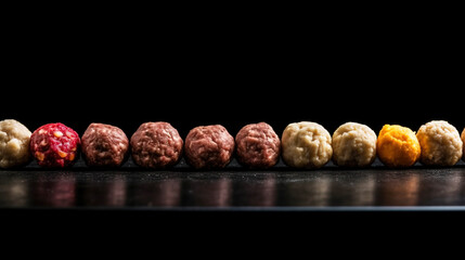 Wall Mural - Various raw meat fresh meatballs in a row, culinary ingredient, black background isolate. AI generated.