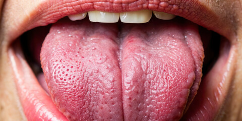 Wall Mural - Extreme close-up of the tongue, displaying taste buds and papillae.
