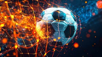 Wall Mural - digital soccer ball in a dynamic network of energy lines on dark background, ideal for modern sports