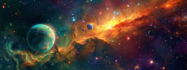 Wall Mural - a cosmic, space-themed background with stars, planets, and galaxies.