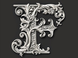 intricate white F letter, baroque sculptures, black background