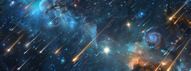 Wall Mural - a cosmic, starry night background with shooting stars and galaxies.