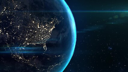 Wall Mural - Realistic beautiful view from space of the American continent at night before dawn. Luminous lights of evening cities. Orbiting over Northern America Panet is slowly rotating around its axis. 4k.