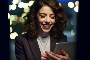 Wall Mural - smiling female professional looking at tablet