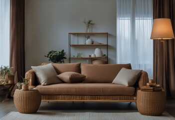 Sticker - concept living room decor style accessories brown rattan Korean design cozy beige interior Minimalistic elegant Stylish home sofa