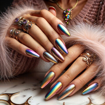 woman hands with elegant rainbow colors manicure. Beautiful rainbow manicure on long nails. rainbow shade nail manicure with gel polish at luxury beauty salon pride day created with generative ai