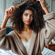 © Chaudhry - Curly girl method. Attractive african curly haired woman combing her hair in the bedroom. Curly hair care concept created with generative ai