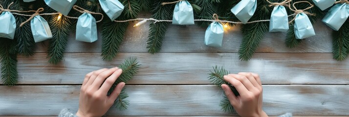 Two hands placing wrapped gifts with pine branches and lights on a wooden table, creating a holiday setting