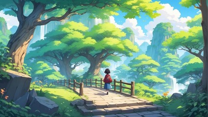 Wall Mural - Illustration game art, trees in the mountains