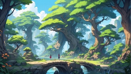 Wall Mural - Illustration game art, trees in the mountains