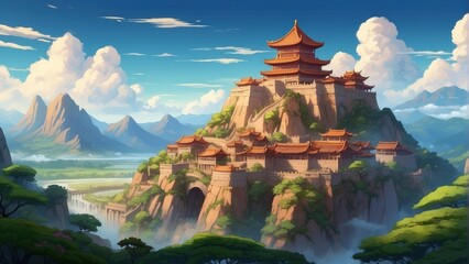 Wall Mural - Illustration of game art, ancient city in the mountains