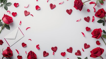 Wall Mural - A traditional Valentine s Day backdrop featuring hearts envelopes and roses on a white background with space for text Viewed from above