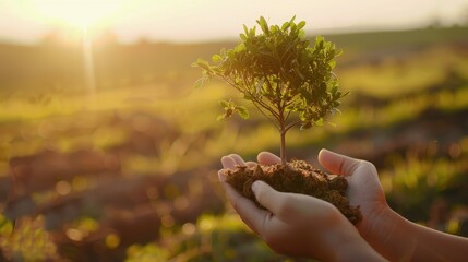 Sticker - On World Environment Day envision human hands cradling a thriving tree against a soft blurred farm backdrop