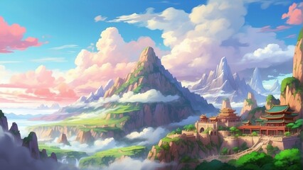 Wall Mural - Illustration of game art, ancient city in the mountains