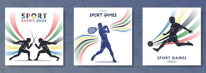 Posters for the 2024 sport games championship in Paris with silhouette of male tennis player, two fencers and soccer player with Olympic colors stripes or colorful wavy rainbow on white background