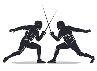 Black silhouette of two fencers engaged in a sword fight isolated on white background. Fencers dueling with swords in a dramatic battle. Fencing sport championship design element