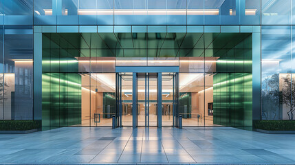 Aufkleber - A modern bank entrance with an glass facade and sleek design. Generative AI.