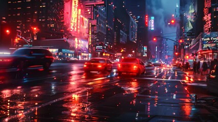 Wall Mural - A vibrant city street at night, illuminated by neon lights and bustling with activity, A bustling cityscape with neon lights reflecting off a rainy street