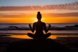 © alisaaa - Sunset, beach and silhouette of a woman in a lotus pose while doing a yoga exercise by the sea. Peace, zen and shadow of a calm female doing meditation or pilates workout outdoor at dusk by the ocean